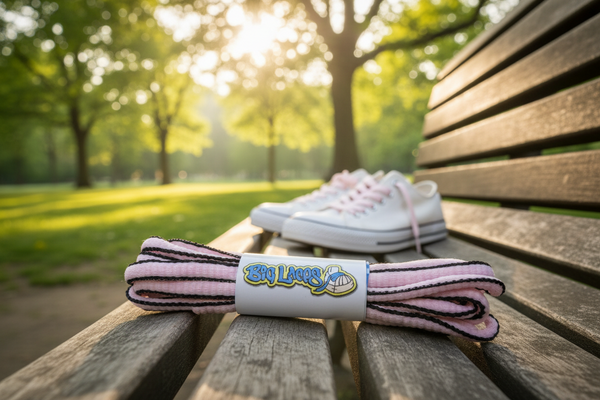 a pair of oval baby pink and black shoelaces for running shoes