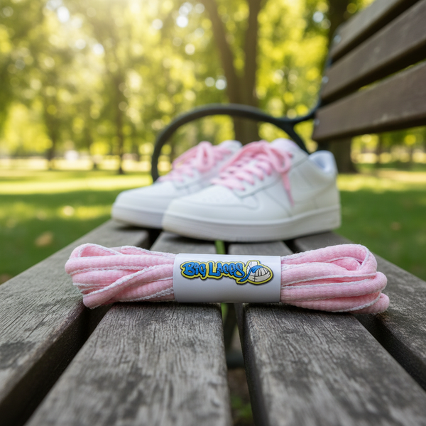 a pair of oval baby pink and white shoelaces for running shoes