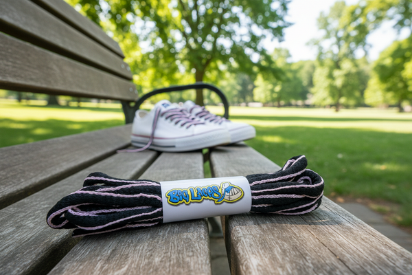 a pair of oval black and baby pink shoelaces for running shoes