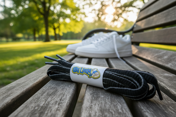 a pair of oval black and dark grey shoelaces for running shoes