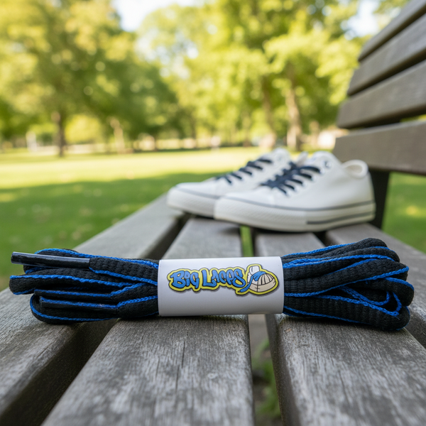 a pair of oval black and electric blue shoelaces for running shoes