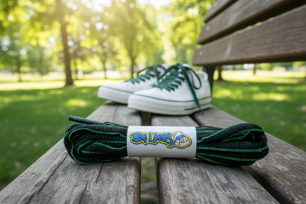 a pair of oval black and kelly green shoelaces for running shoes