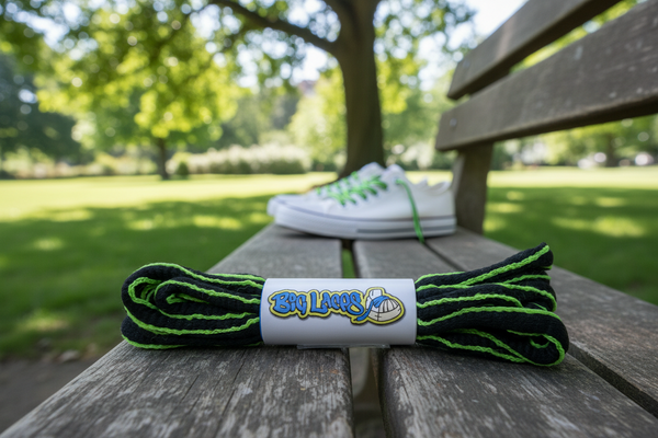 a pair of oval black and neon green shoelaces for running shoes
