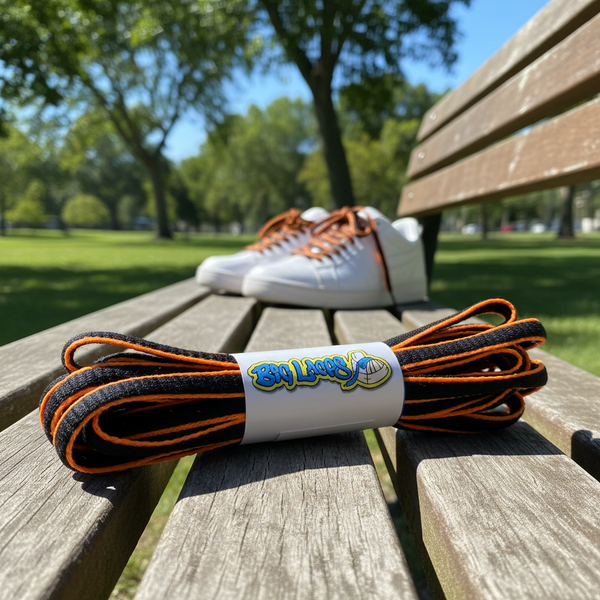 a pair of oval black and neon orange shoelaces for running shoes