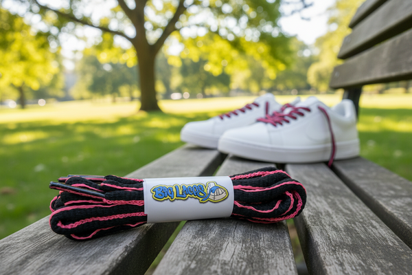a pair of oval black and neon pink shoelaces for running shoes