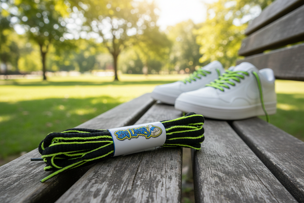 a pair of oval black and neon yellow shoelaces for running shoes