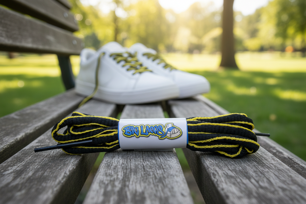 a pair of oval yellow and black shoelaces for running shoes