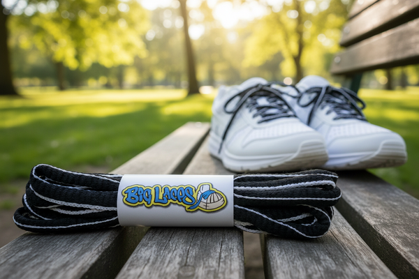 a pair of oval black and white shoelaces for running shoes