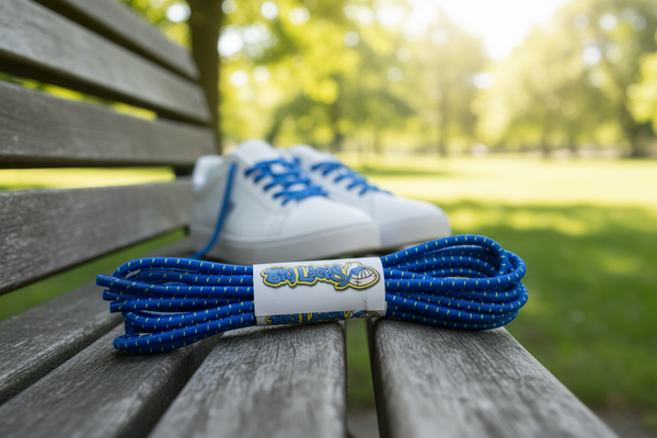 a pair of blue with green fleck elastic lock shoelaces