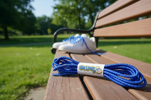 a pair of blue with white fleck elastic lock shoelaces