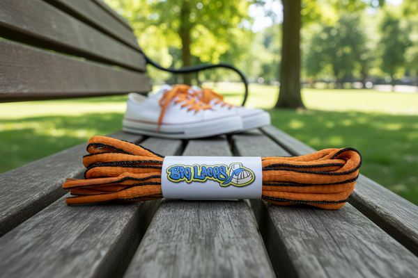 a pair of oval orange and black shoelaces for running shoes