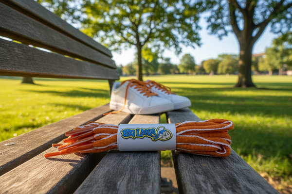 a pair of oval orange and white shoelaces for running shoes