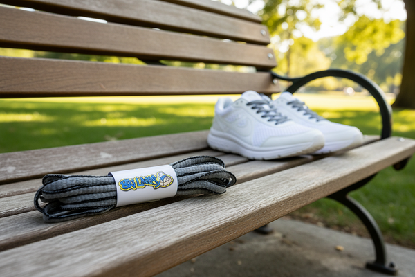 a pair of oval dark grey and black shoelaces for running shoes