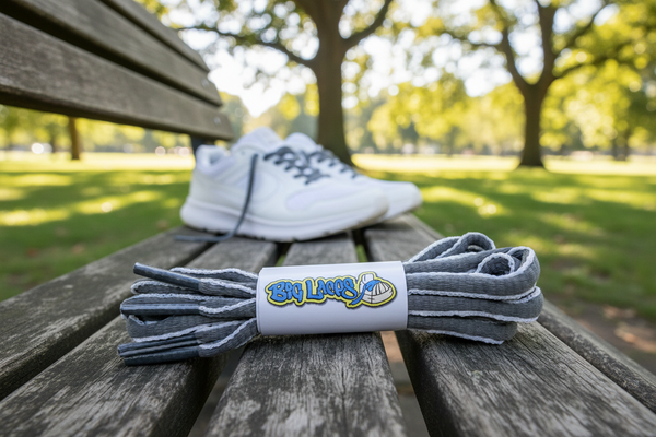 a pair of oval dark grey and white shoelaces for running shoes