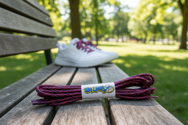 a pair of dark pink with purple swirl elastic lock shoelaces