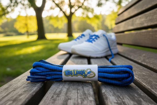 a pair of oval electric blue and black shoelaces for running shoes