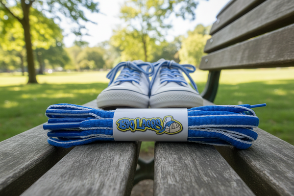a pair of oval electric blue and white shoelaces for running shoes