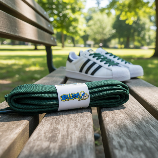 a pair of 11mm wide forest green shoelaces suitable for adidas superstar shoes
