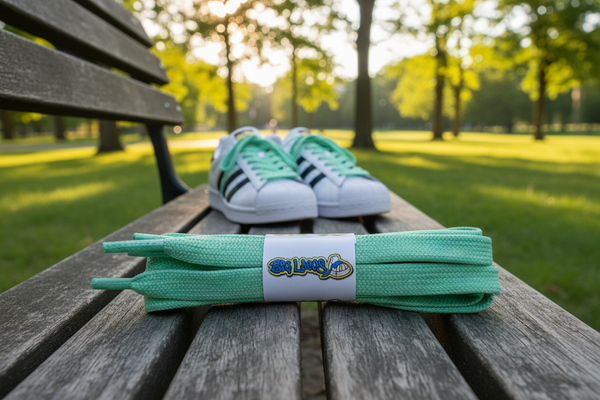 a pair of jade green 11mm wide shoelaces suitable for adidas superstars
