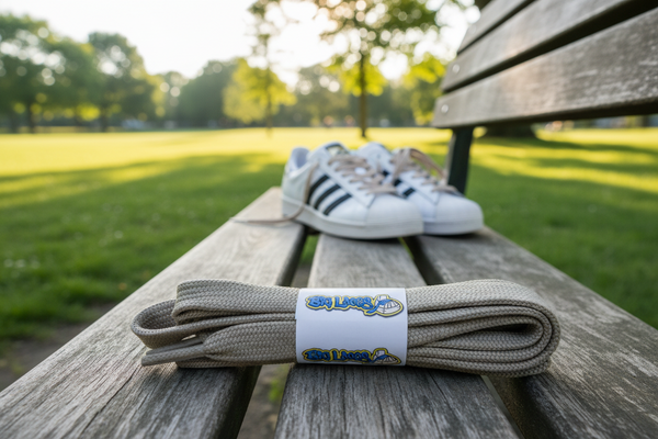 a pair of flat 11mm wide oatmeal beige shoelaces suitable for adidas superstar shoes
