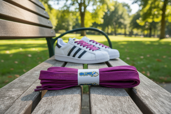 a pair of 11mm wide plum shoelaces suitable for adidas superstar shoes
