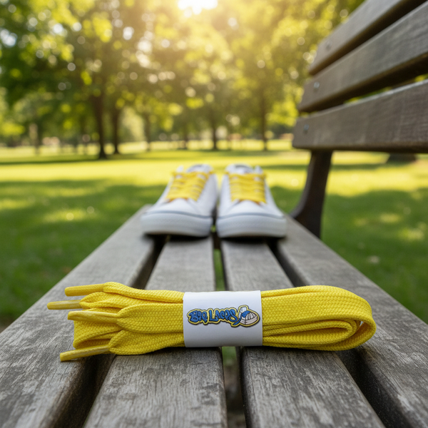 a pair of flat 11mm wide yellow shoelaces suitable for adidas superstar shoes
