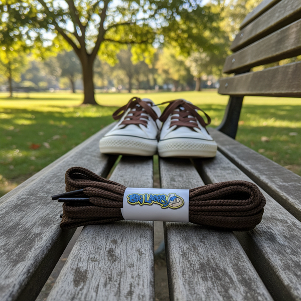 a pair of flat brown shoelaces