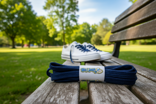 a pair of flat dark blue shoelaces