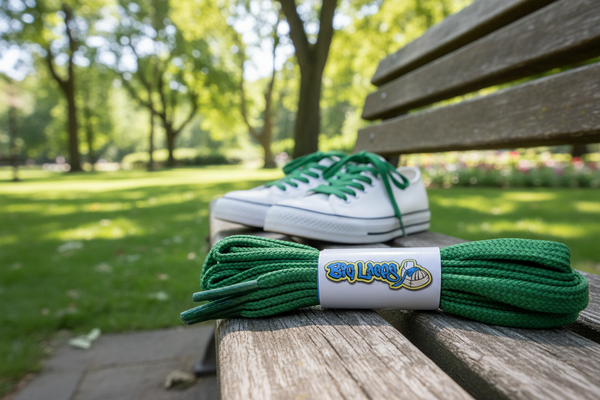a pair of flat green shoelaces