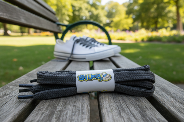 a pair of flat grey shoelaces