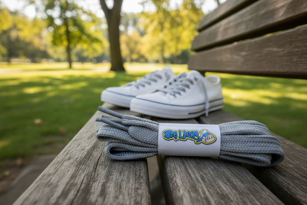 a pair of flat light grey shoelaces