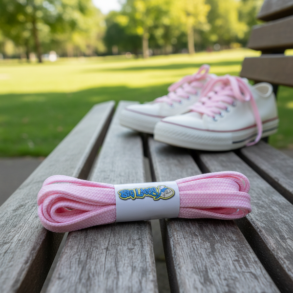 a pair of flat pink shoelaces