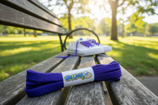 a pair of flat purple shoelaces