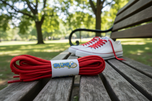 a pair of flat red shoelaces