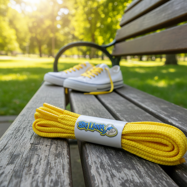 a pair of flat yellow shoelaces