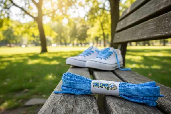 a pair of flat azure blue 10mm wide shoelaces