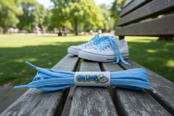 a pair of flat baby blue shoelaces