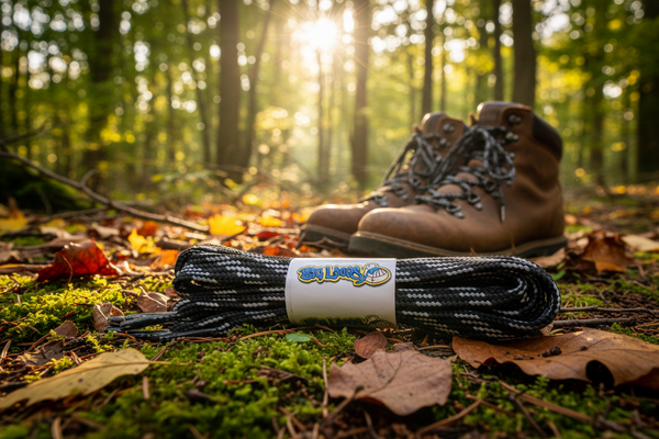 a pair of flat black bootlaces with grey flecks suitable for hiking and walking boots
