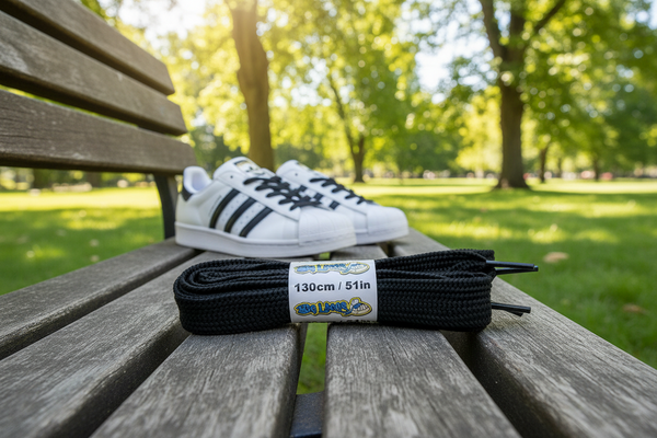 a pair of wide black shoelaces suitable for adidas superstar shoes