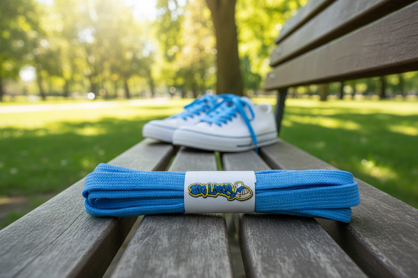a pair of flat 8mm wide blue shoelaces