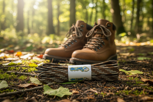 a pair of flat brown bootlaces with beige flecks suitable for hiking and walking boots
