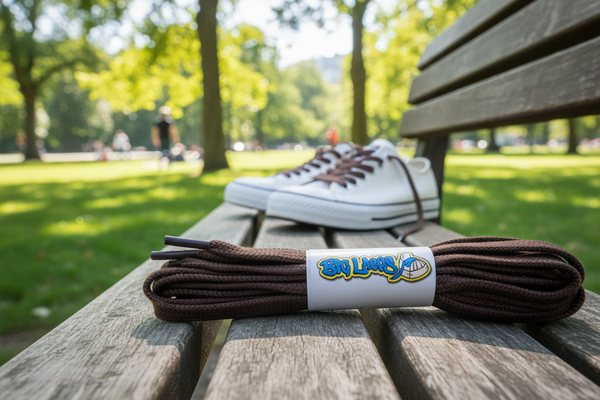 a pair of flat brown cotton shoelaces
