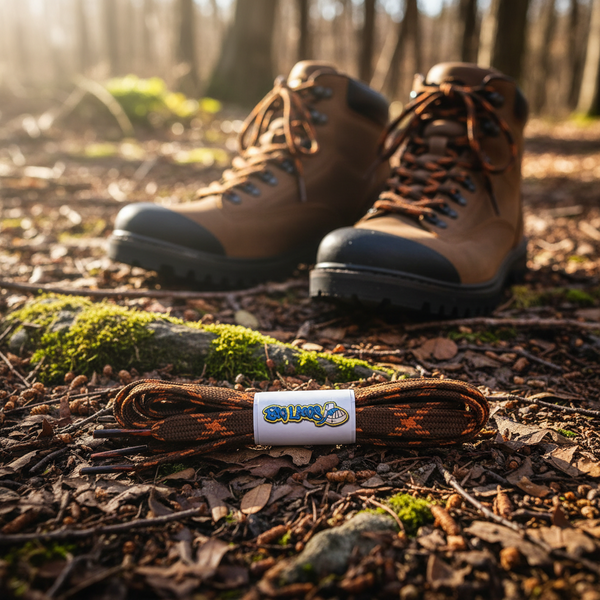 a pair of flat brown bootlaces with orange flecks suitable for hiking and walking boots