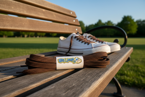 a pair of flat brown shoelaces