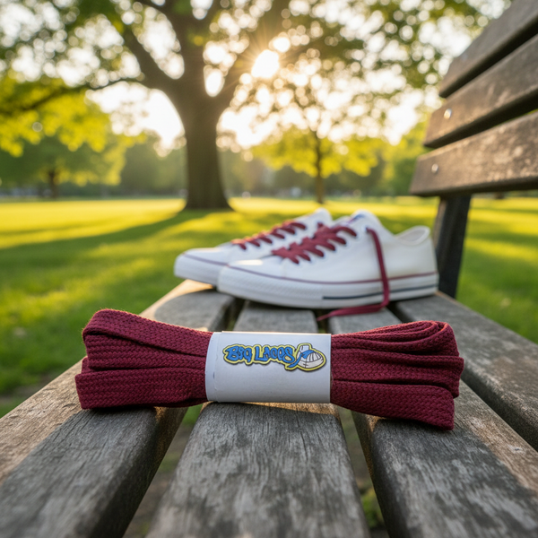 a pair of flat burgundy cotton shoelaces
