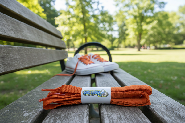 a pair of flat orange 10mm wide shoelaces