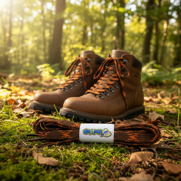 a pair of flat chocolate brown bootlaces with orange flecks suitable for hiking and walking boots