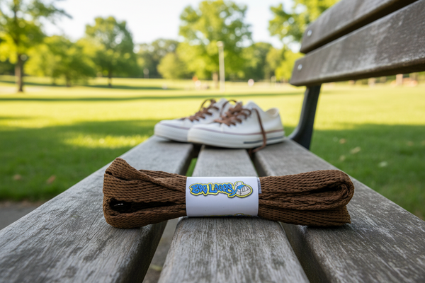 a pair of flat chocolate brown 10mm wide shoelaces