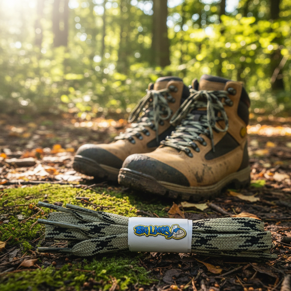 a pair of flat cloudy green bootlaces with black flecks suitable for hiking and walking boots