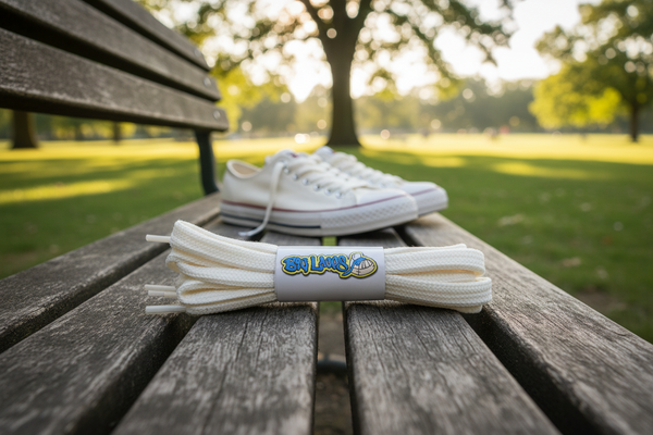 a pair of flat cream shoelaces